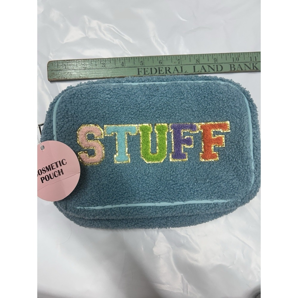 Blue Sherpa Makeup Bag 11 in x 5 in Zipper Pouch with "STUFF" Patch NWT